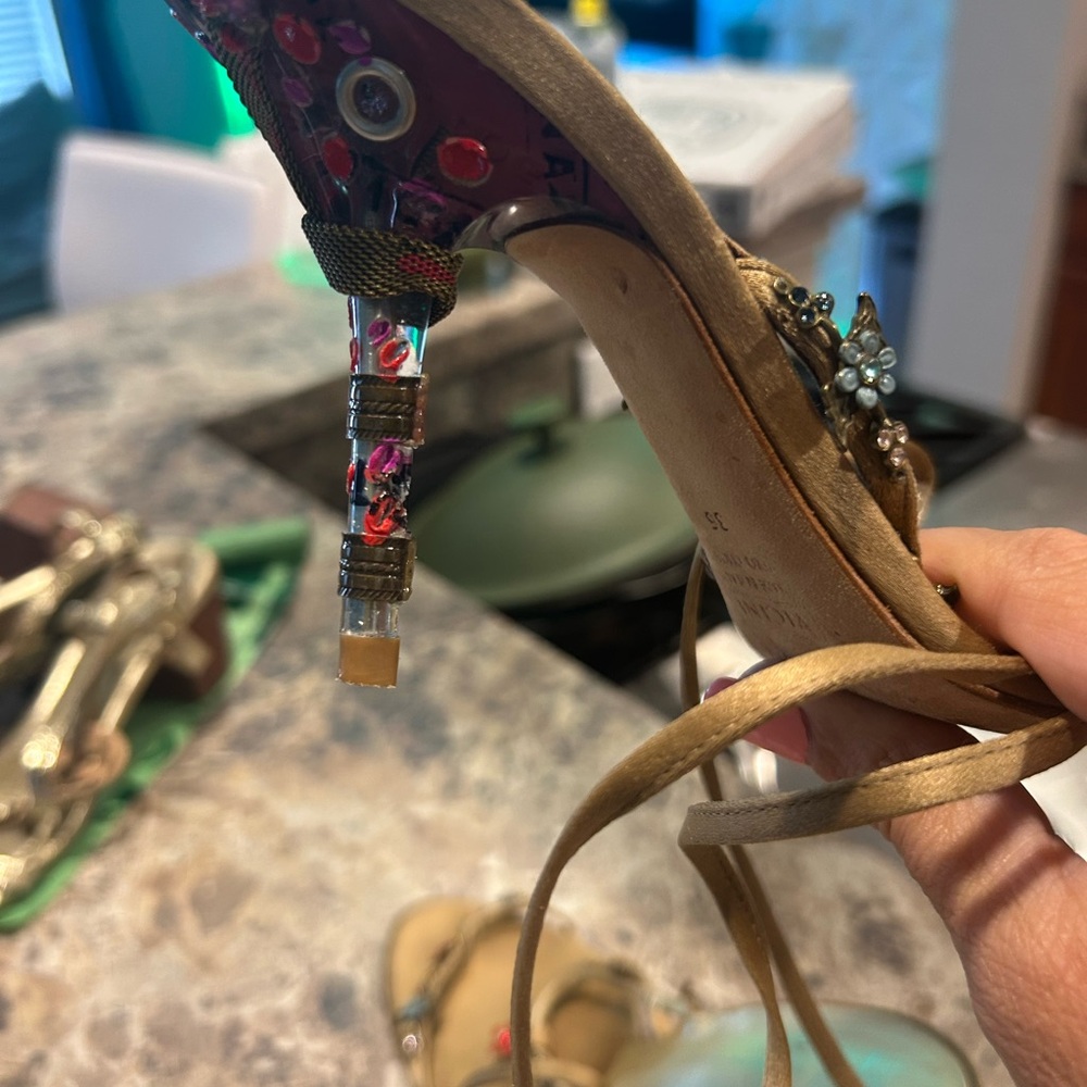 Vicini Tan and Gold Embellished Heels